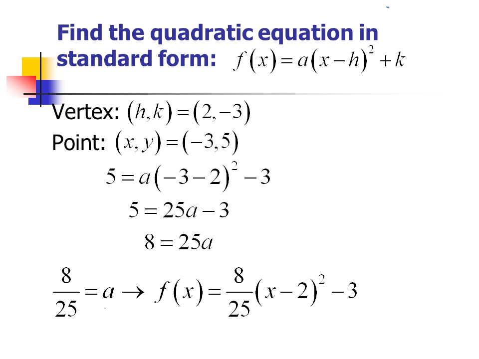 Write an equation in standard form of the parabola formula